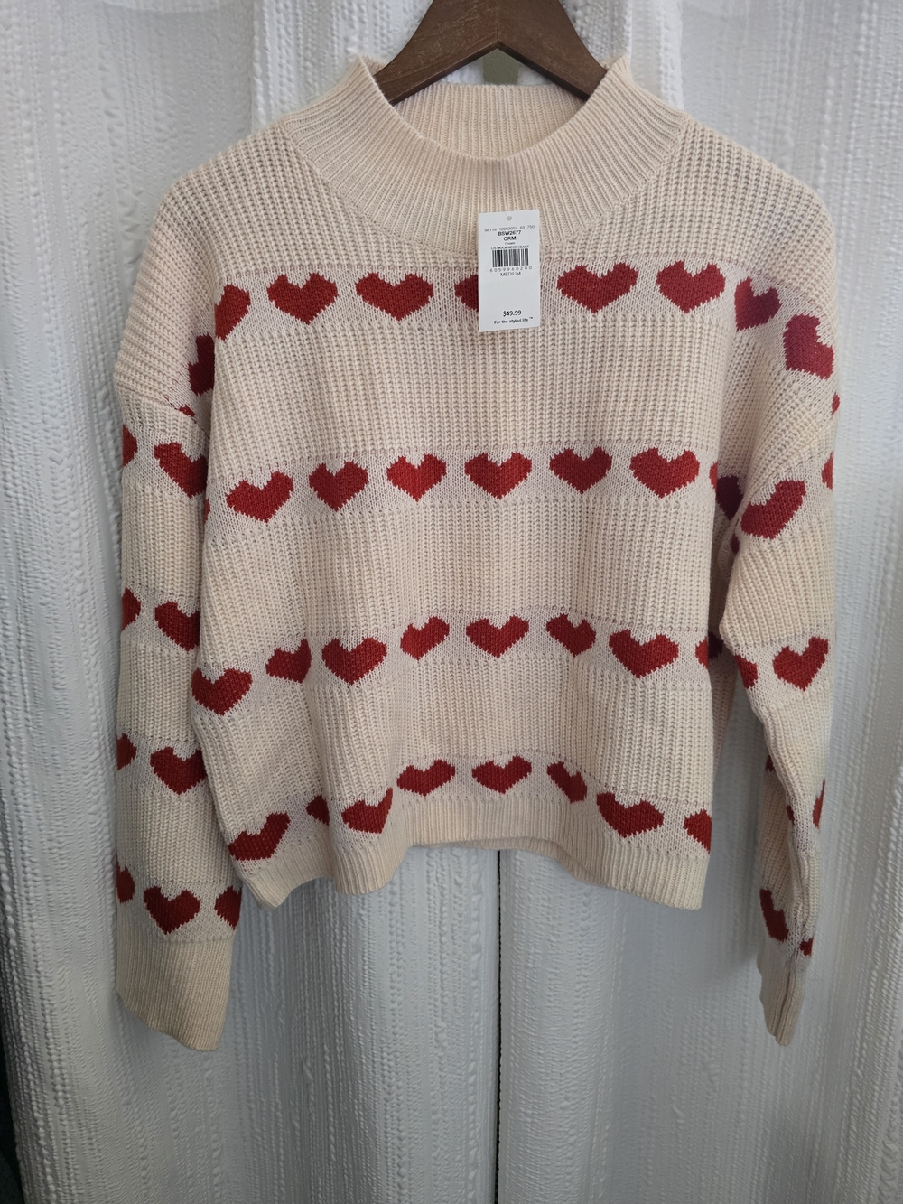 Mock Neck Cream Sweater with Red Heart Pattern